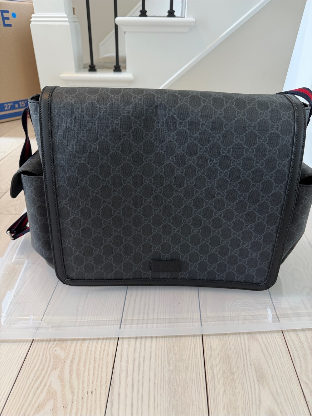 Gucci Gray Monogram Messenger Bag with Web Strap used as diaper bag